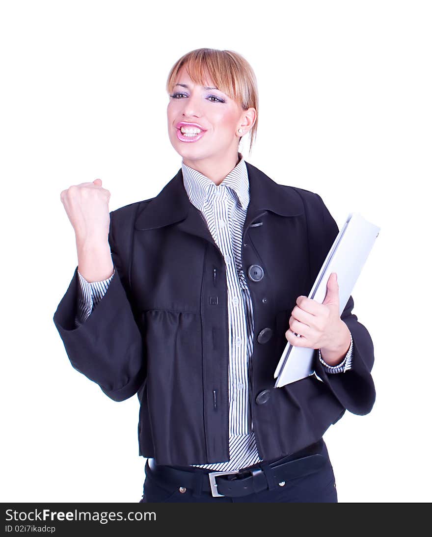 Successful business woman holding document folder