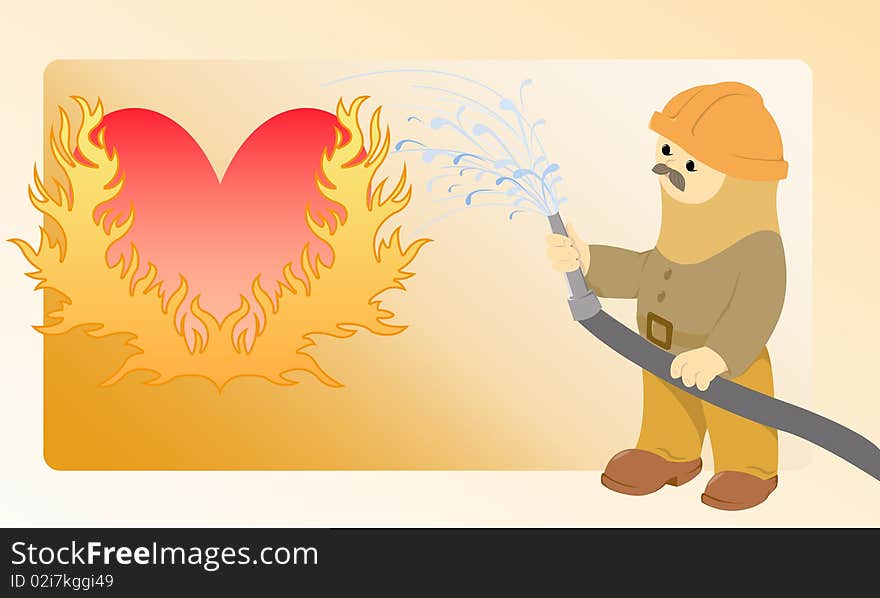 The moustached firefighter pours water from a hose flaming heart