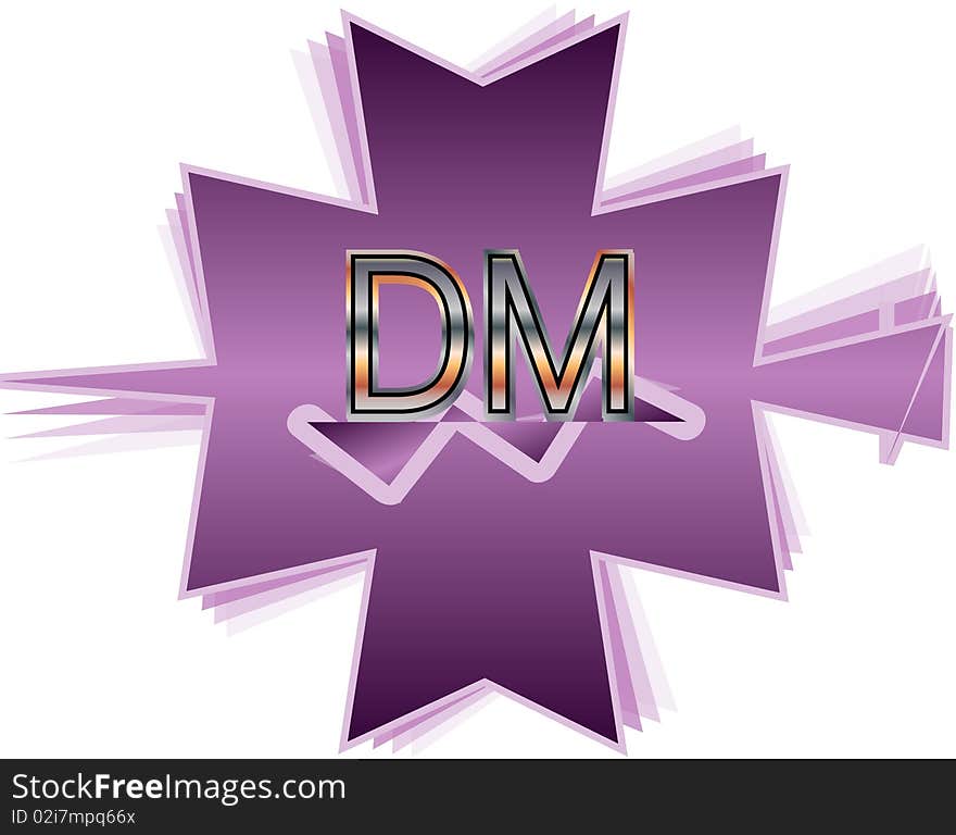 Purple shape with the letters D and M. Purple shape with the letters D and M