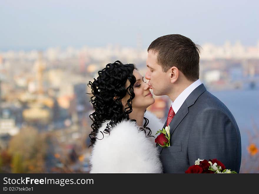 Happy bride and groom on their wedding day