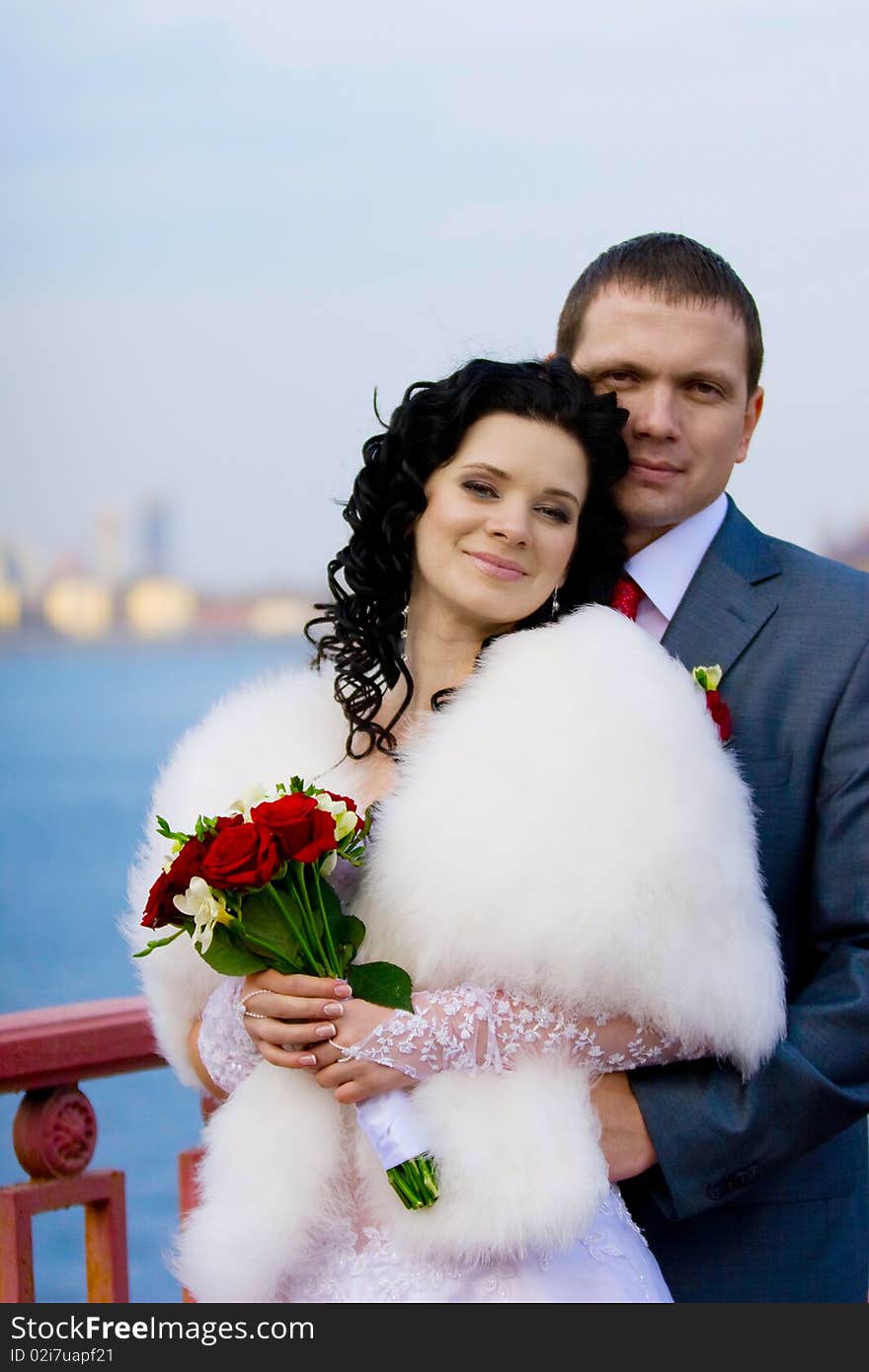 Happy bride and groom on their wedding day