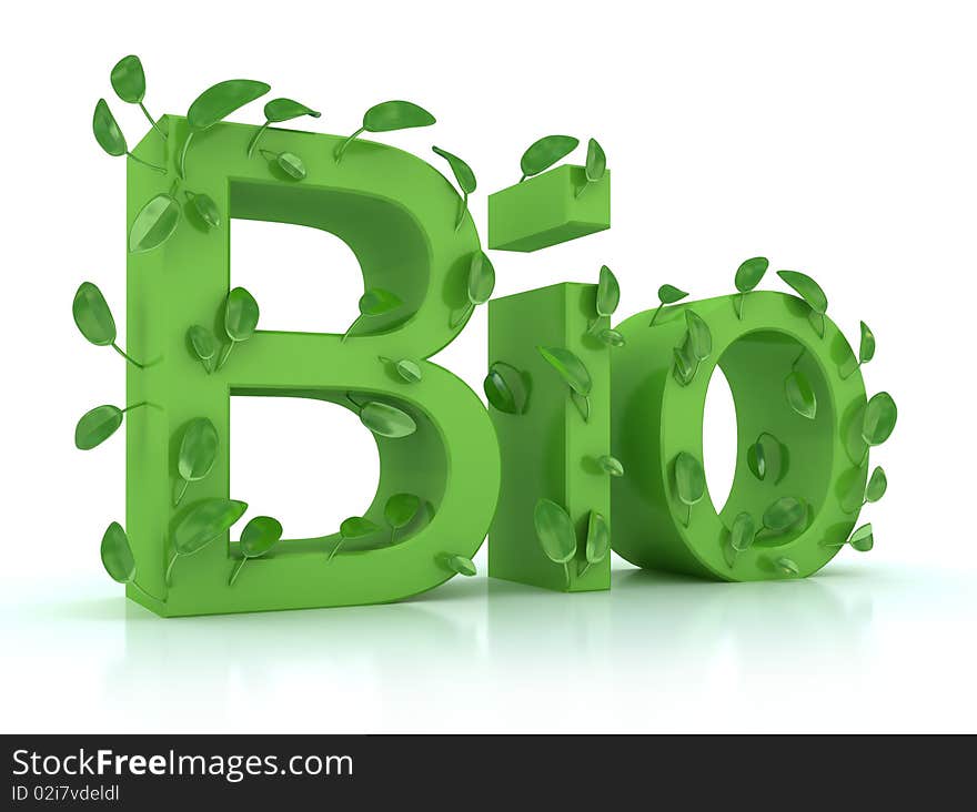 the word bio with leaves on the steams in green