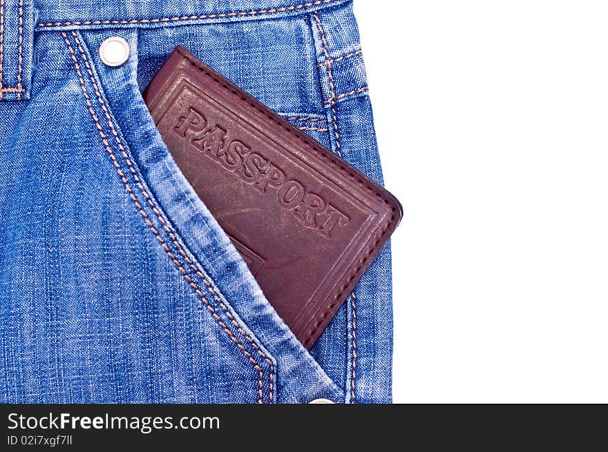 Passport in the blue jeans pocket. Passport in the blue jeans pocket