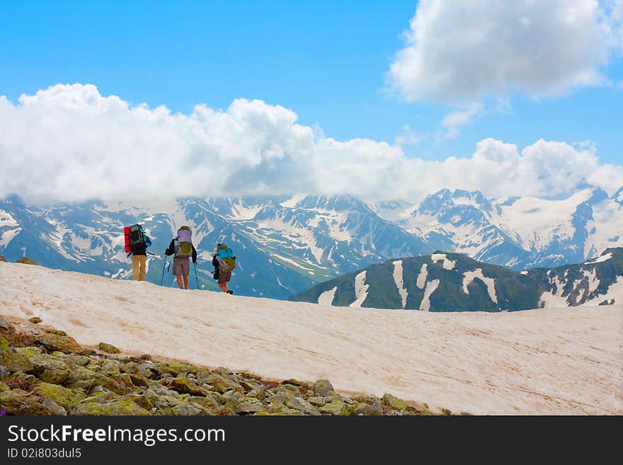 Hiker group in Caucasus mountains