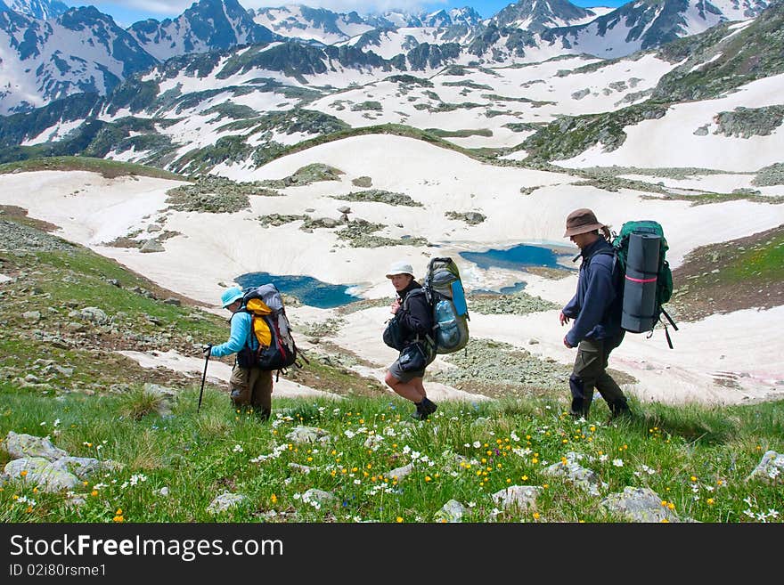 Hiker group in Caucasus mountains