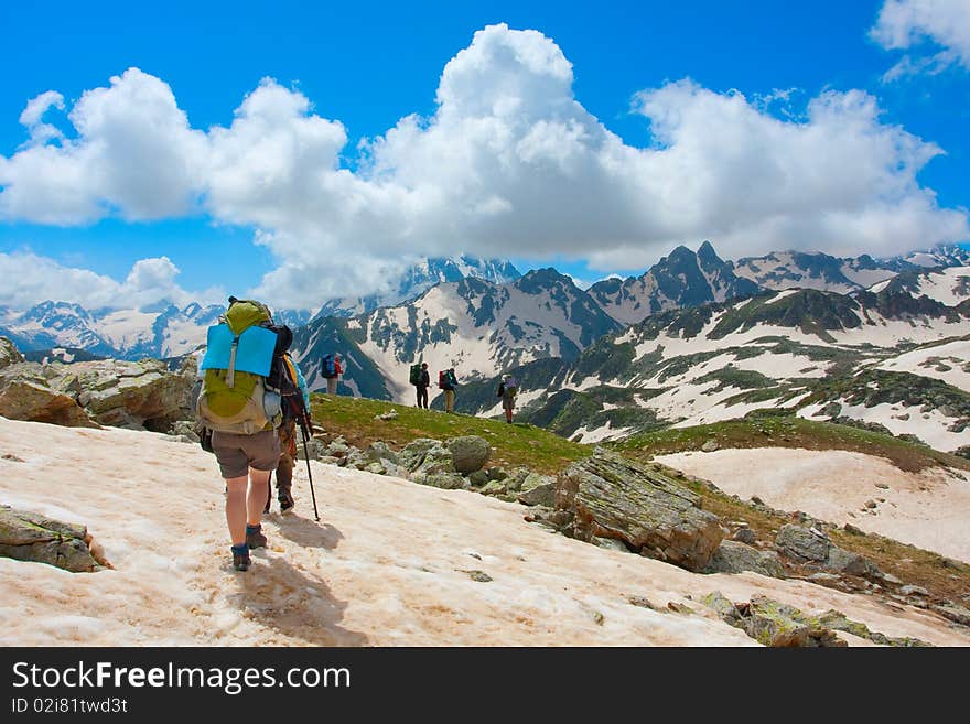 Hiker group in Caucasus mountains