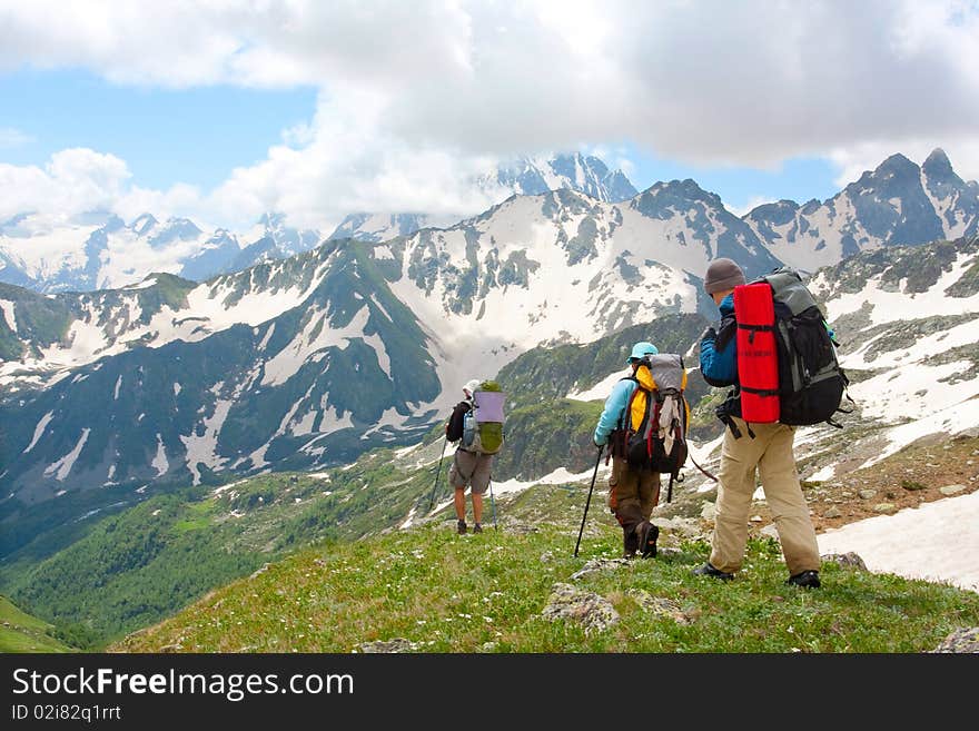 Hiker group in Caucasus mountains