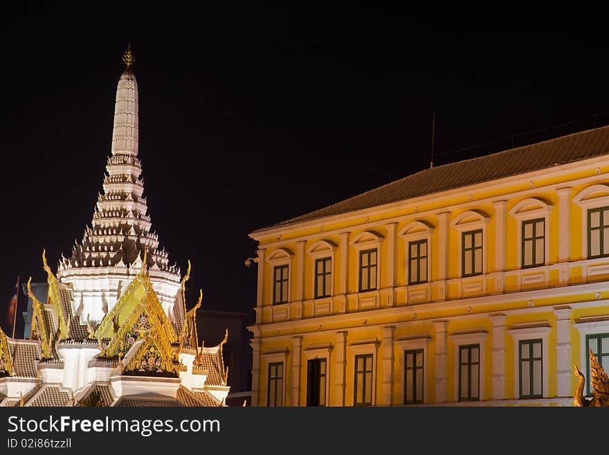 Old building adjacent to Wat Pra Kaew, a major temple in Bangkok, at night time. Old building adjacent to Wat Pra Kaew, a major temple in Bangkok, at night time.