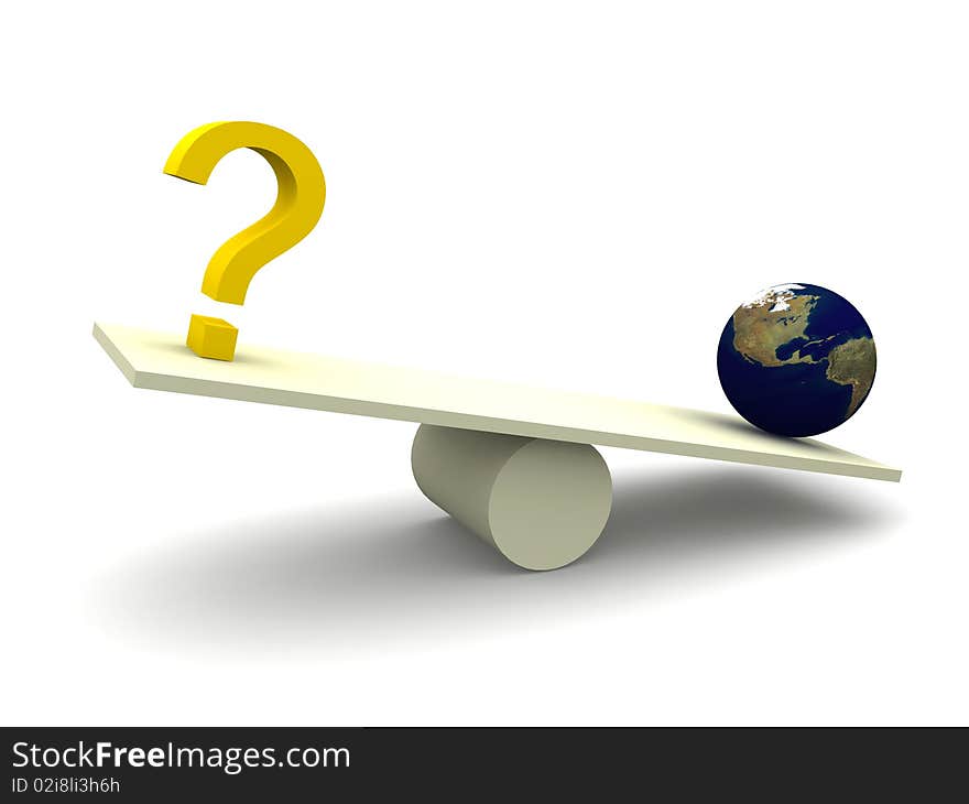 Balancing yellow question mark with Earth globe - rendered in 3d. Balancing yellow question mark with Earth globe - rendered in 3d