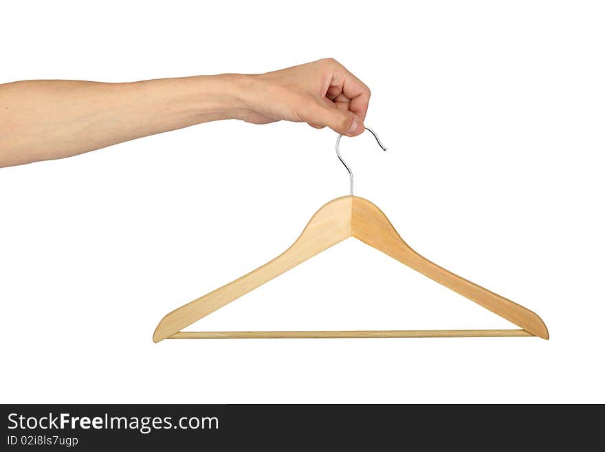 Man's hand with hanger , closeup, isolated background