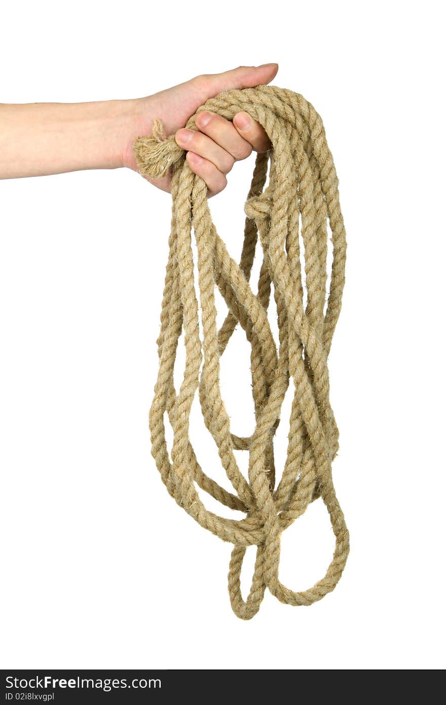 Hand hold rope on isolated background