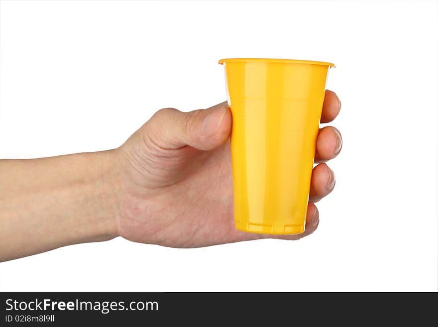 Man's hand with plastic cup , closeup isolated background. Man's hand with plastic cup , closeup isolated background