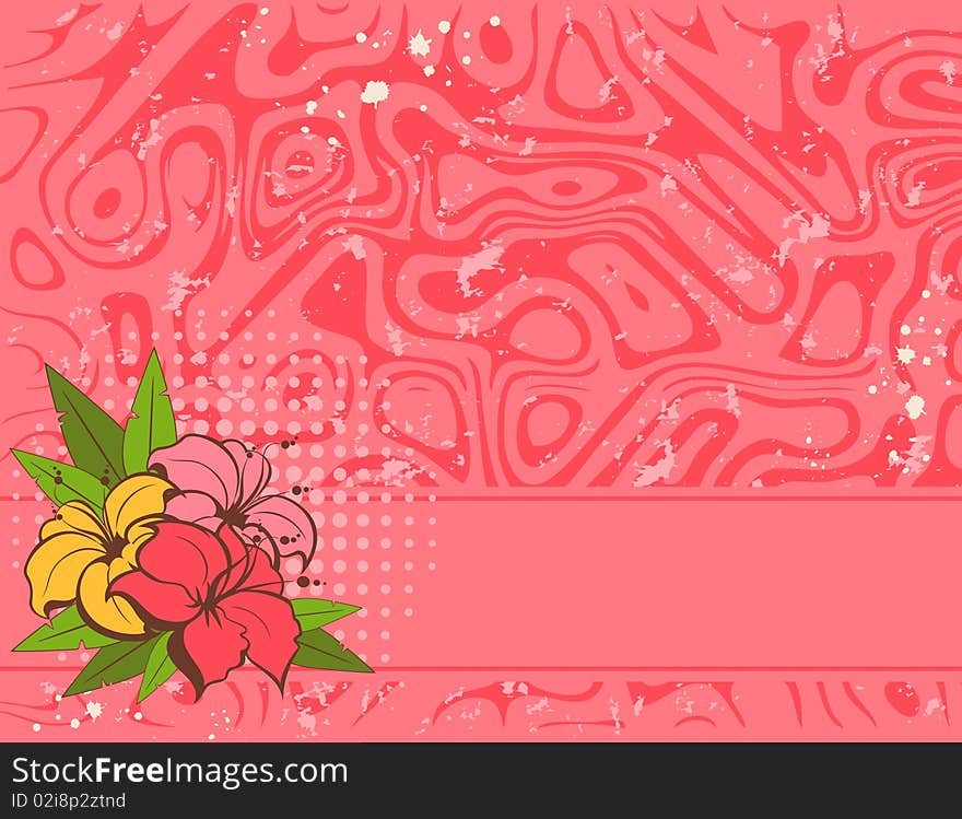 Grunge background with tropical flowers. Beautiful abstract illustration.