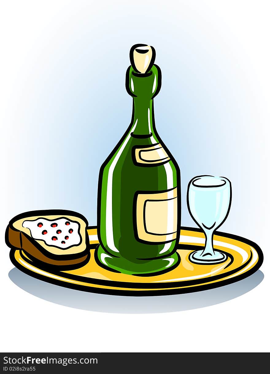 Tray with sandwich glass and bottle of wine