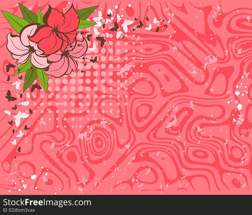 Grunge background with tropical flowers. Beautiful abstract illustration.