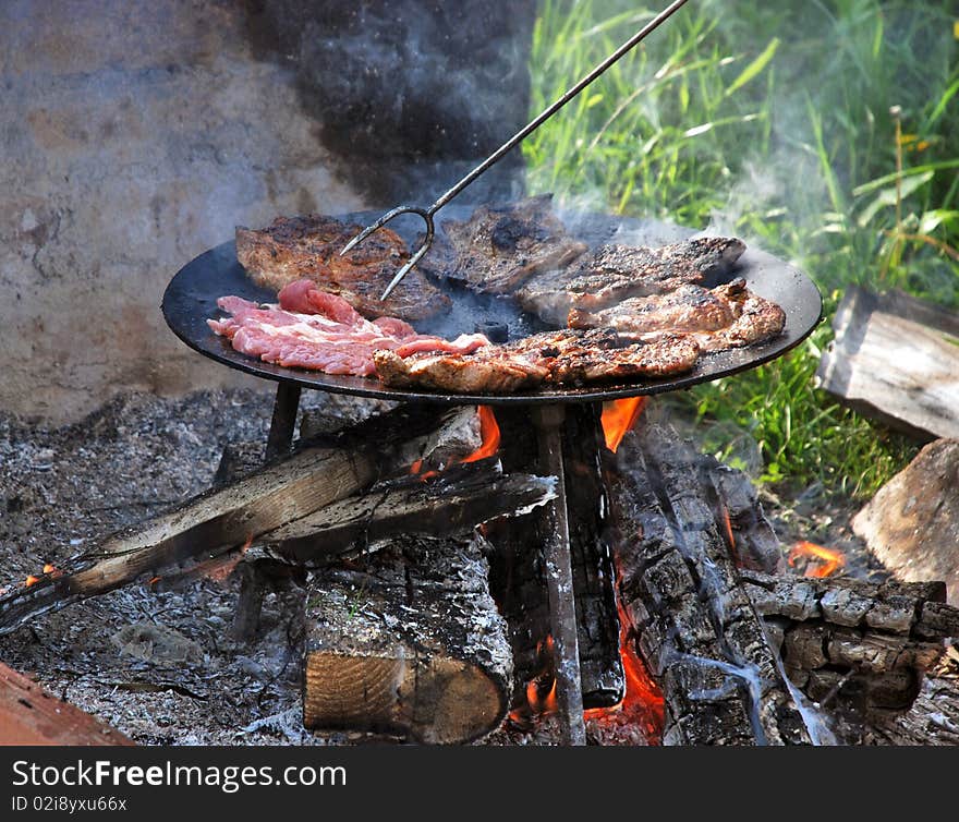 Meat on the barbecue at picnic