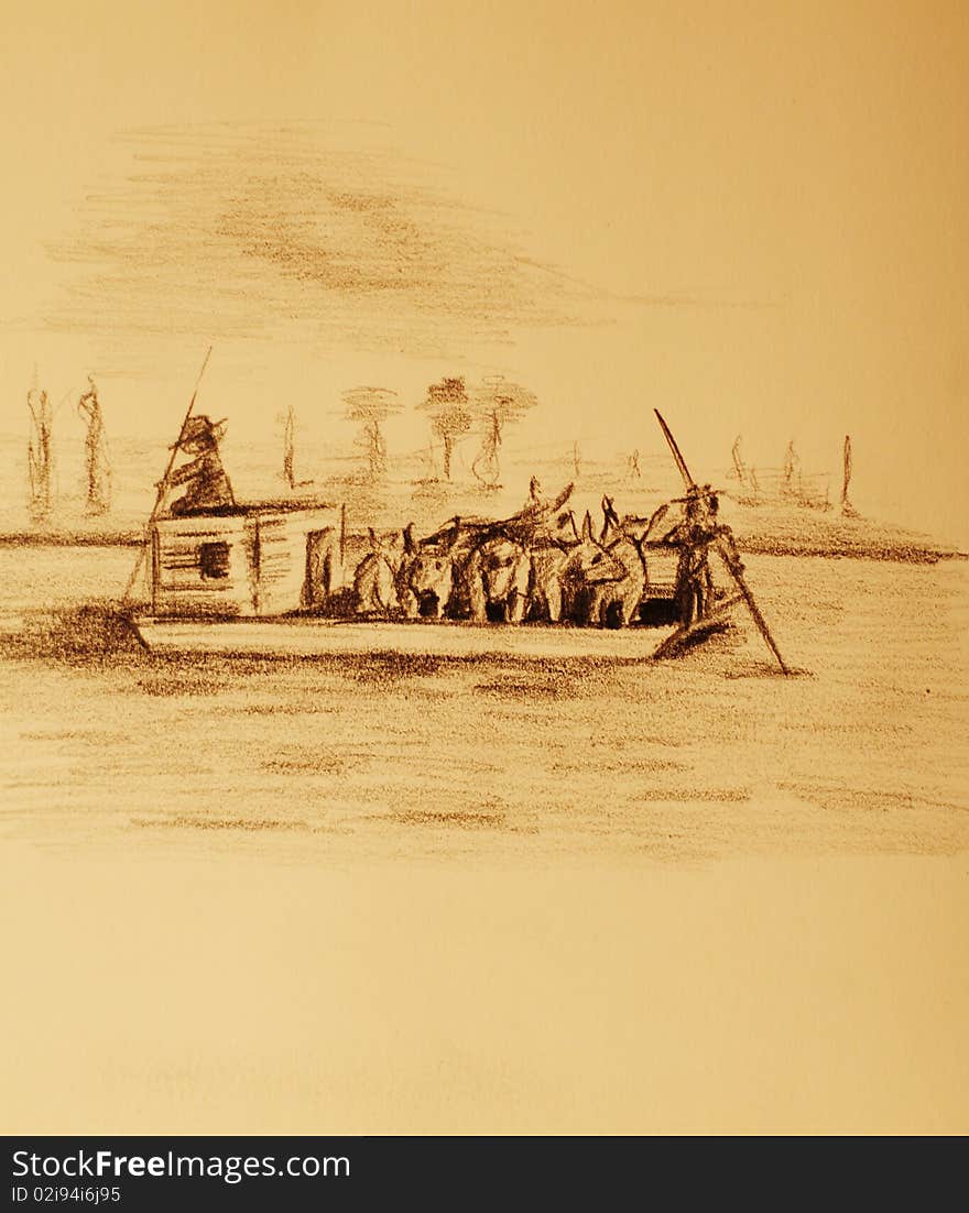 Flatboat with livestock