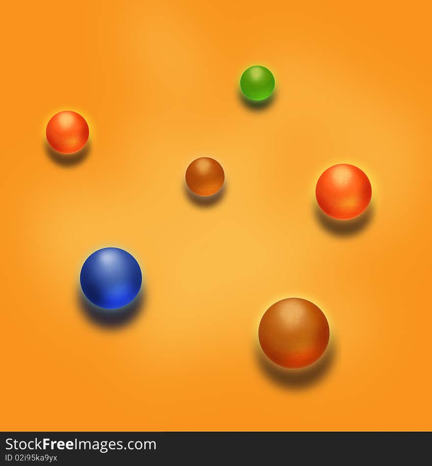 Colorful marbles on orange background illustration