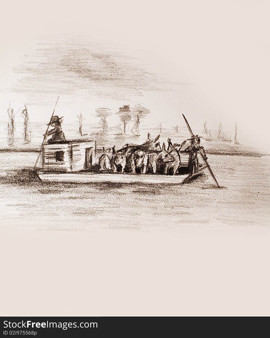 Flatboat with livestock