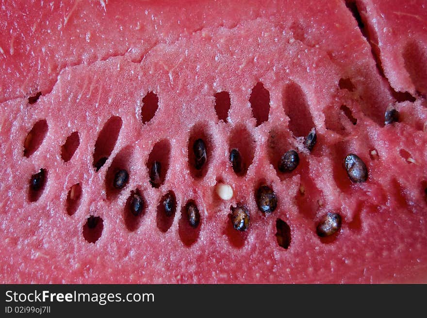 Closeup watermelon cut texture with pulp and seeds