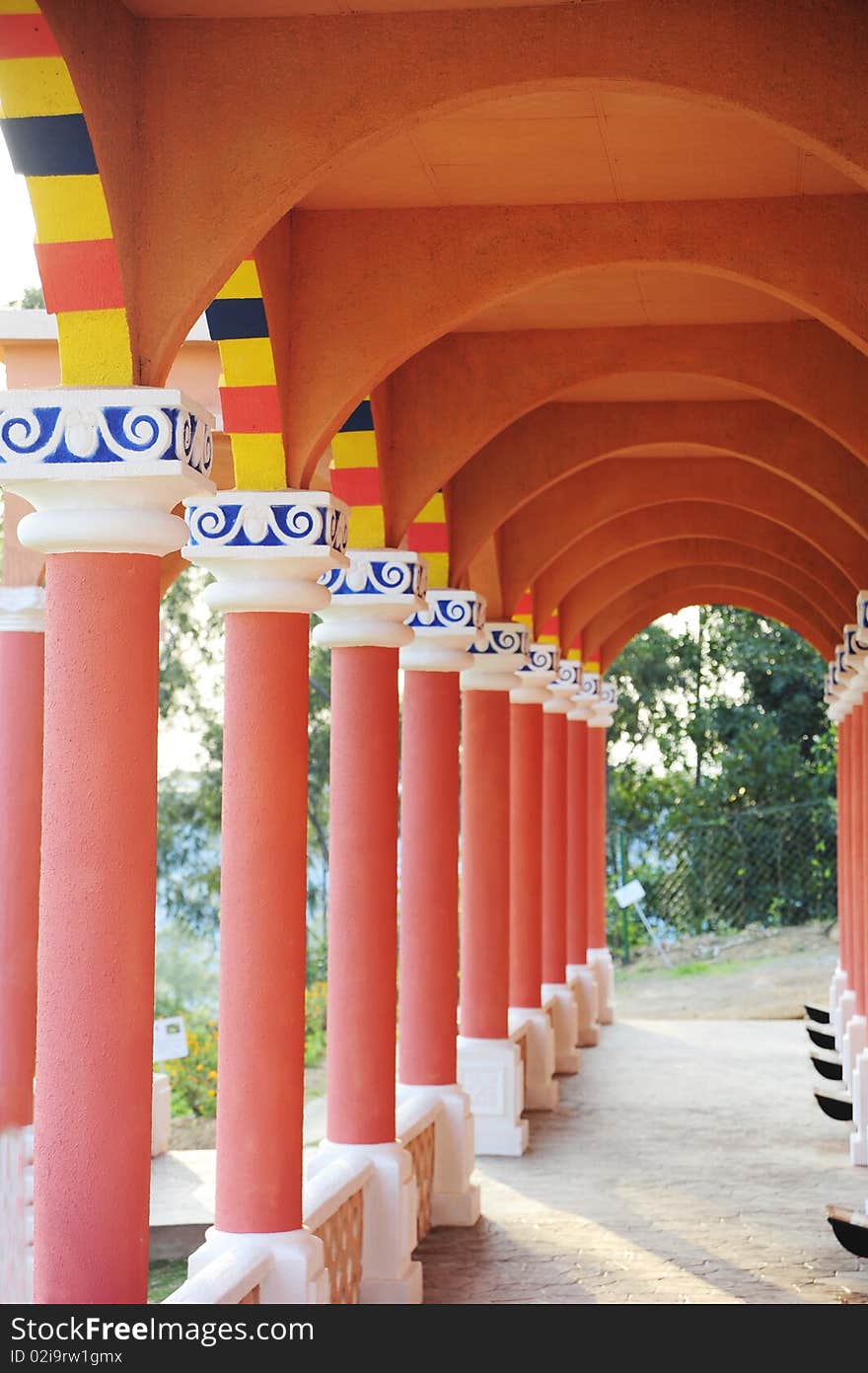 Outside the church.There are many pillars.