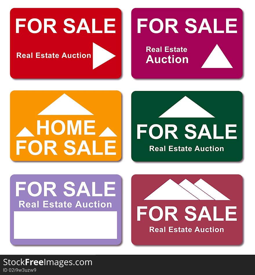 Set of real estate sale and for sale signs in different shapes and colors. Set of real estate sale and for sale signs in different shapes and colors.