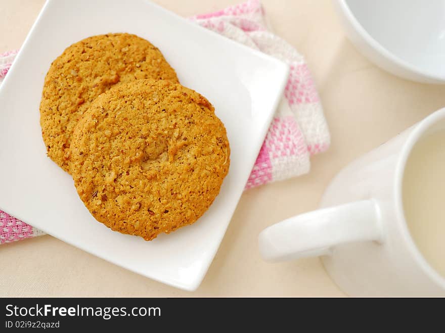 Top view of brown cookies for breakfast