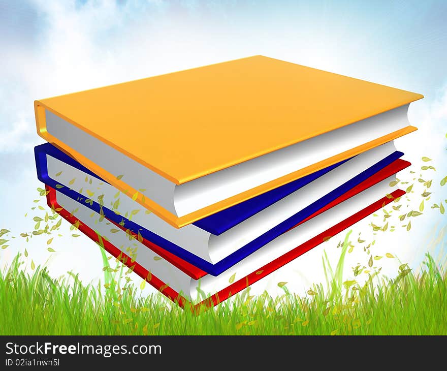 Pile of colorful books in meadow