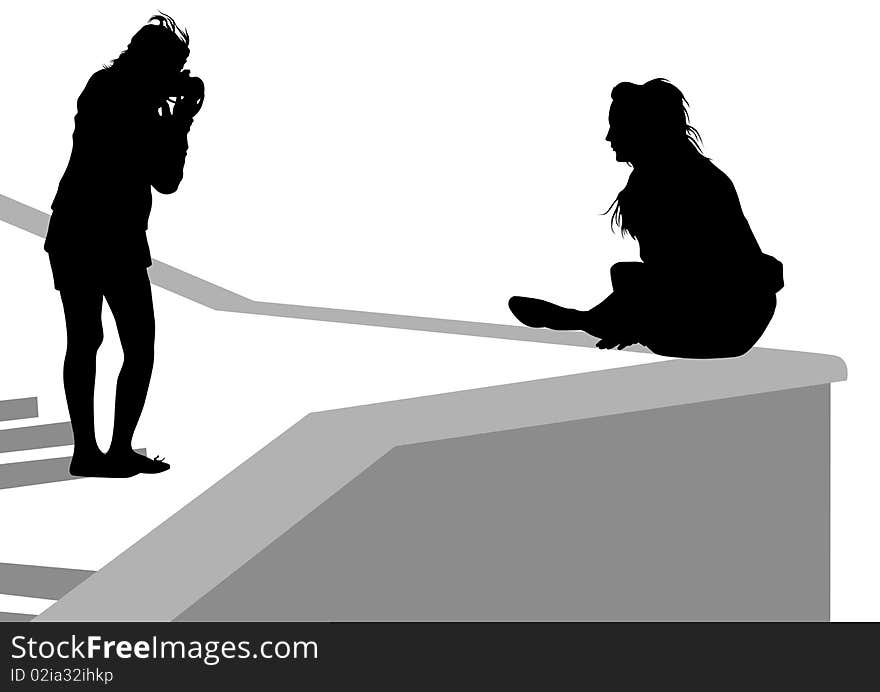 Image of the photographer and children. Silhouettes on white background. Image of the photographer and children. Silhouettes on white background