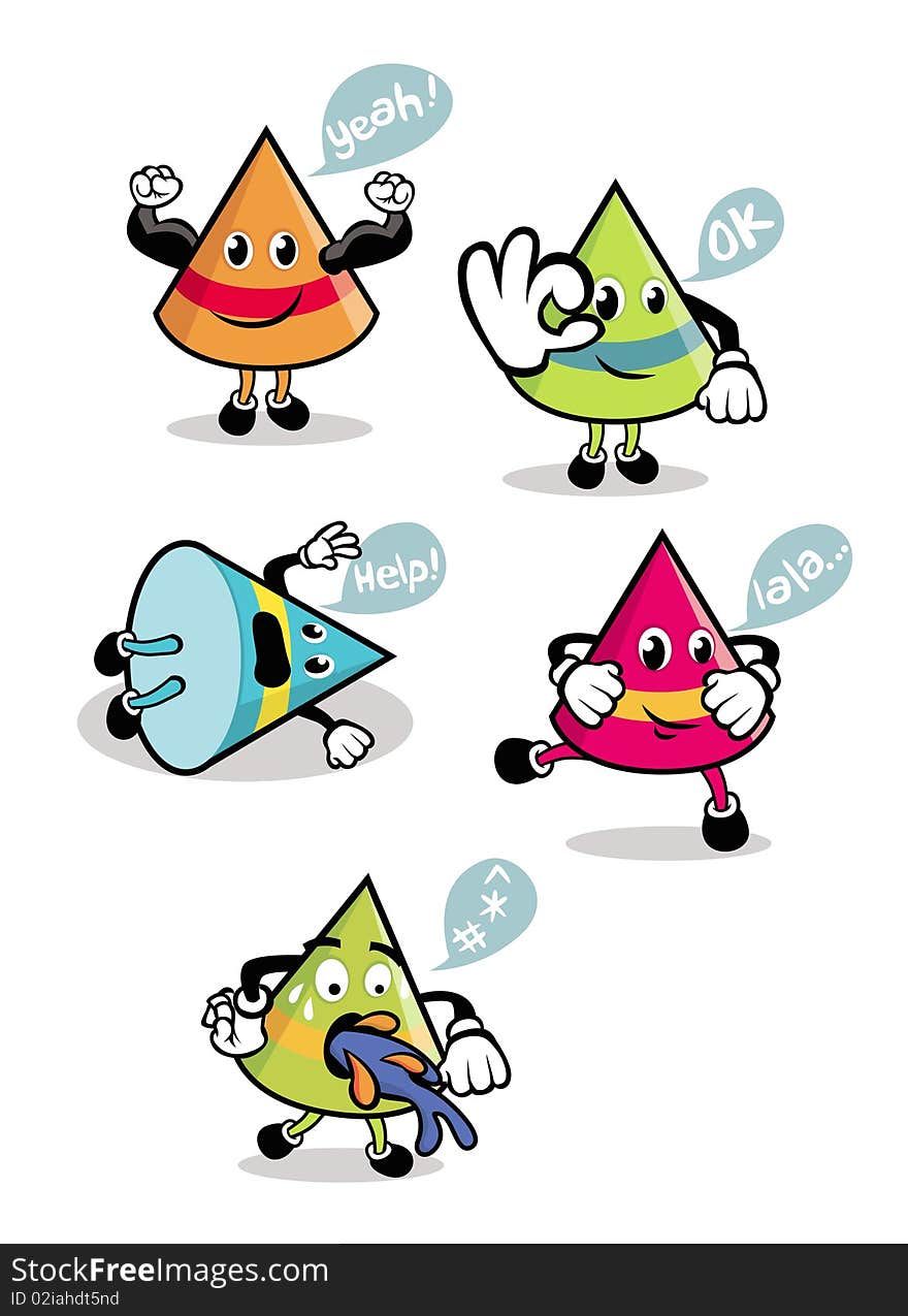 Cute cone-shaped illustrations in various colors and poses. Cute cone-shaped illustrations in various colors and poses.