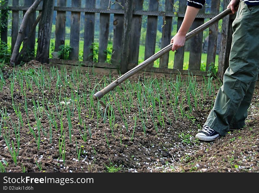 Girl Spading In The Garden