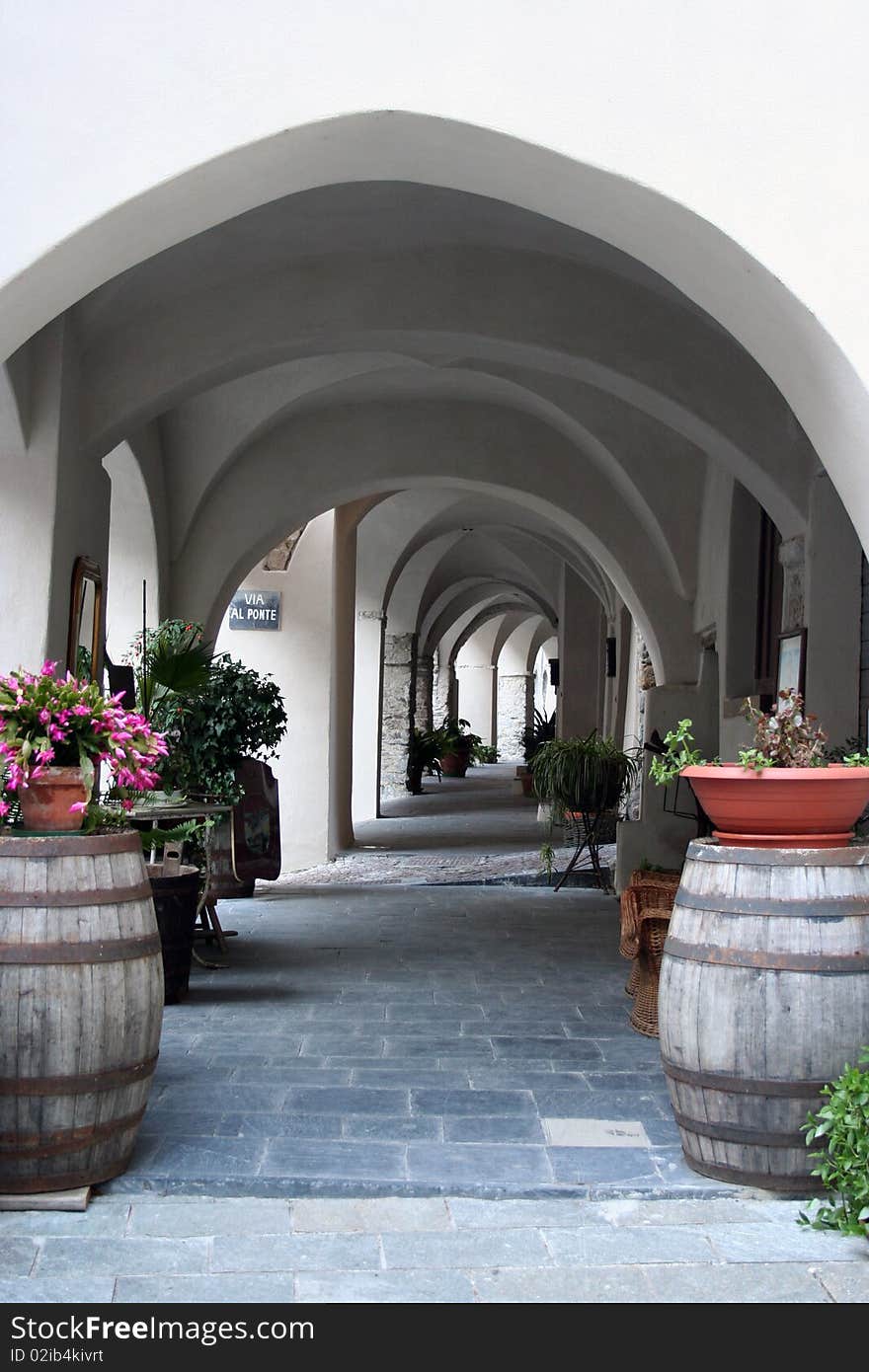 Empty colonnade in a small italian village