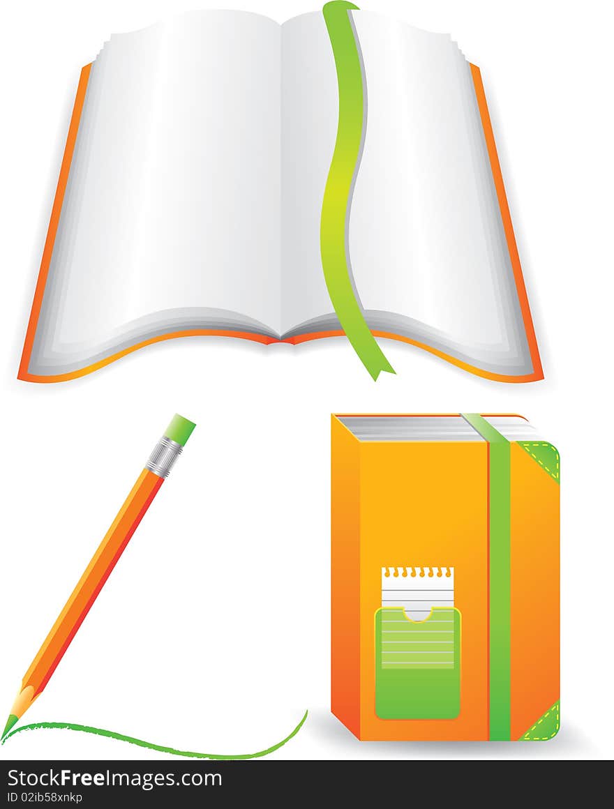 Orange notebook, open book and pencil.  Isolated on a white background. Vector will be additional. Orange notebook, open book and pencil.  Isolated on a white background. Vector will be additional