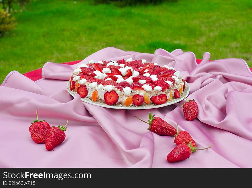 Picnic on a lawn with a strawberry pie