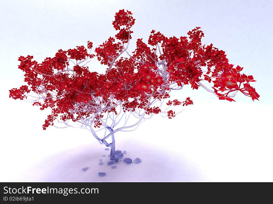 Icy tree with red flowers