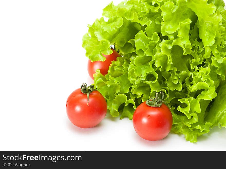 Tomato with salad on a white background. Tomato with salad on a white background