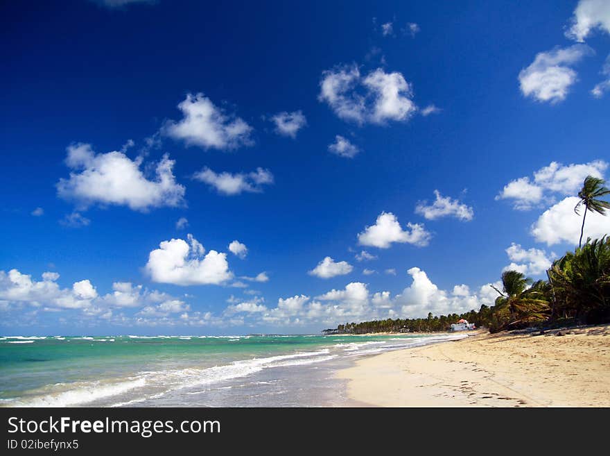 Caribbean coastline with blue sky,  Dominican Republic