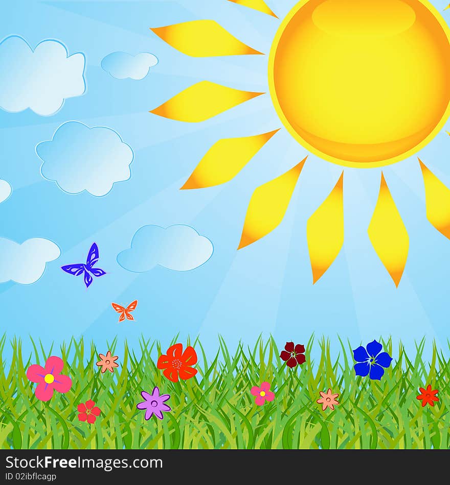 Summer background with the sun and a grass