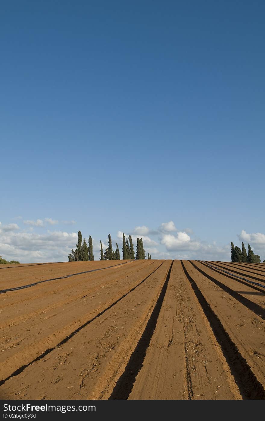 A ploughed dirt field in the country. A ploughed dirt field in the country