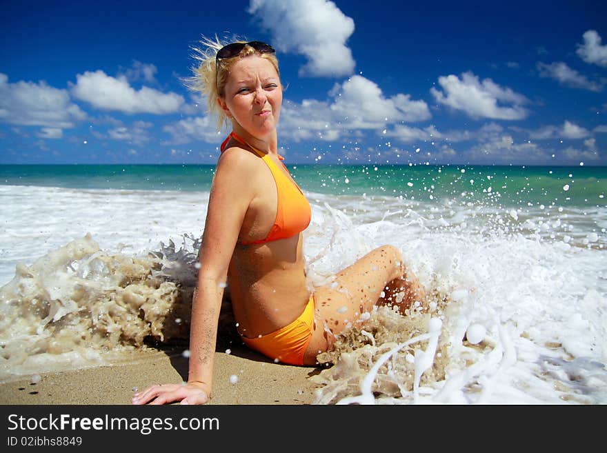 Sexy Girl  In Waves Of Atlantic Ocean