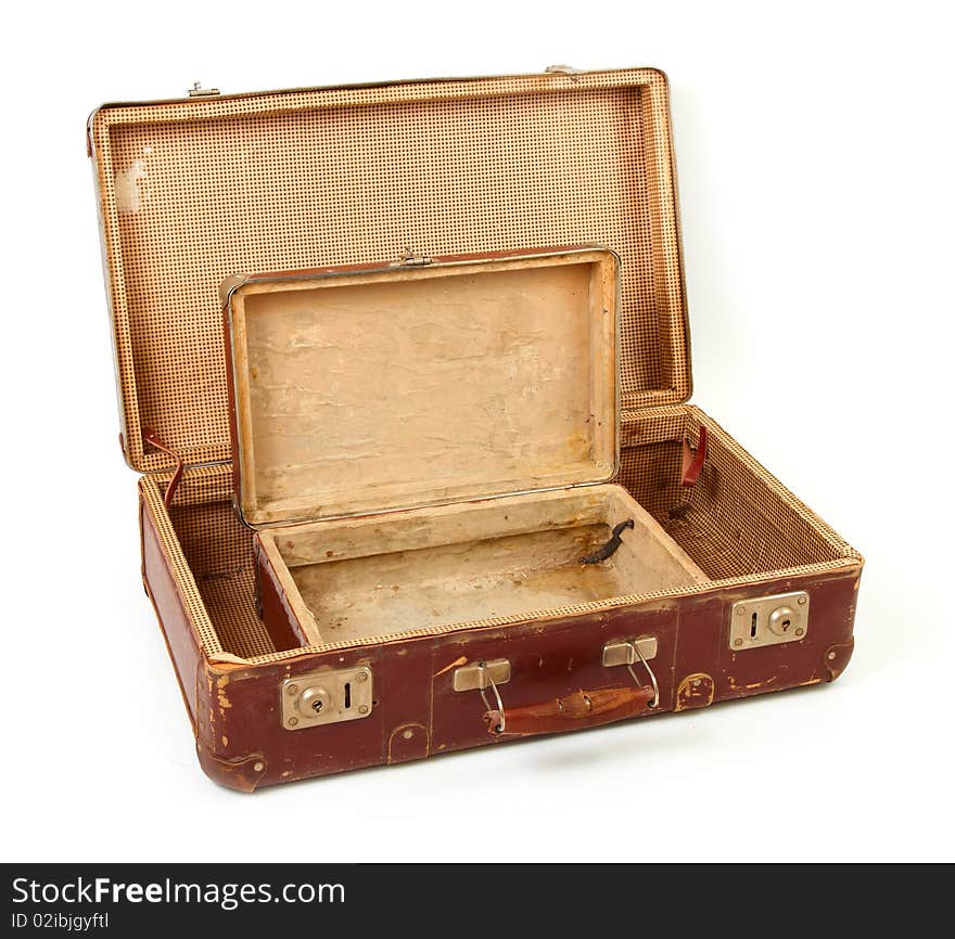 Two old suitcases for travel on white background