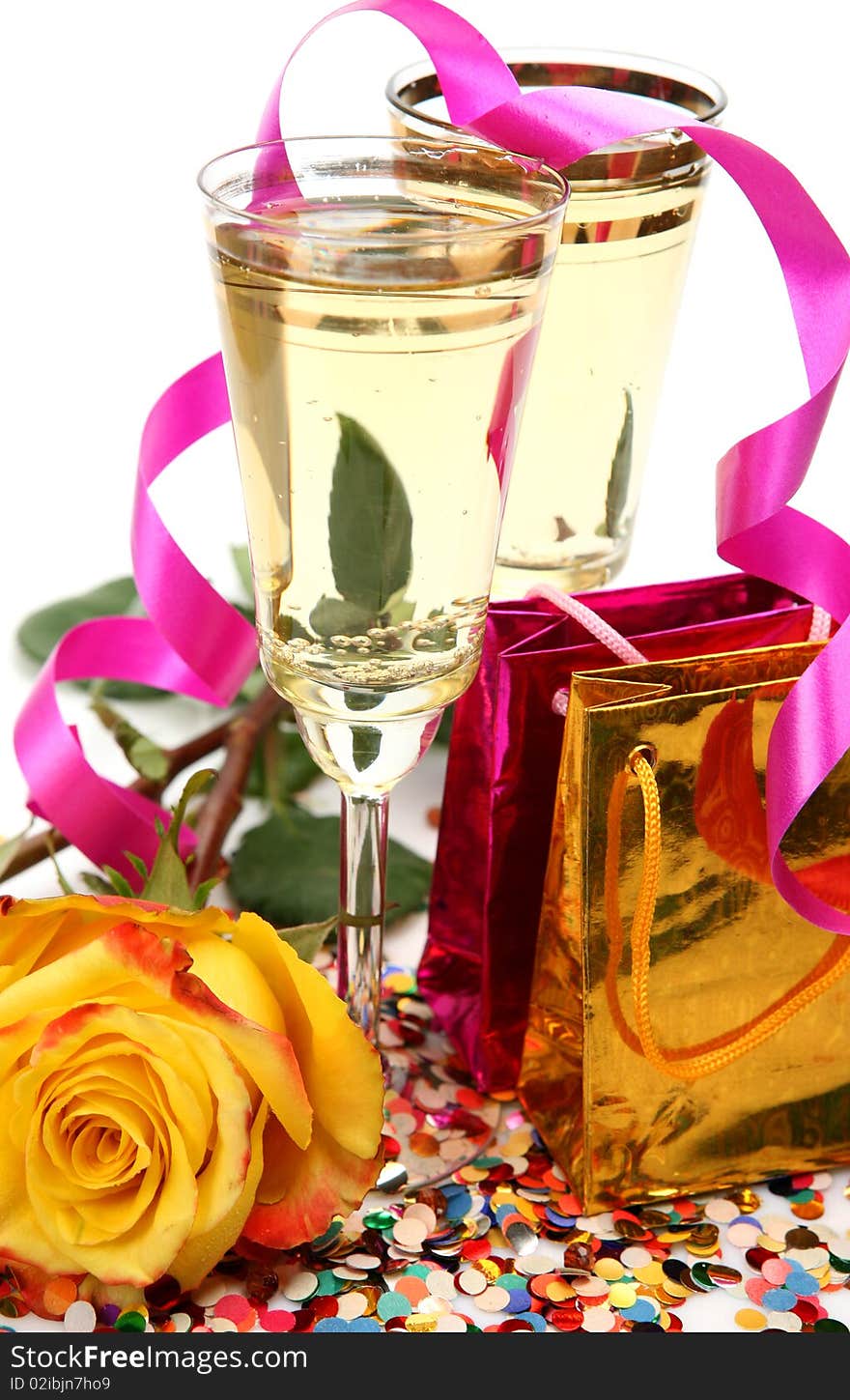 Wine and rose on a white background