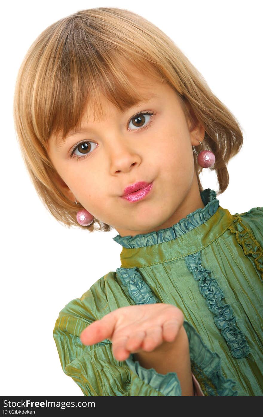 Little charming girl against white background