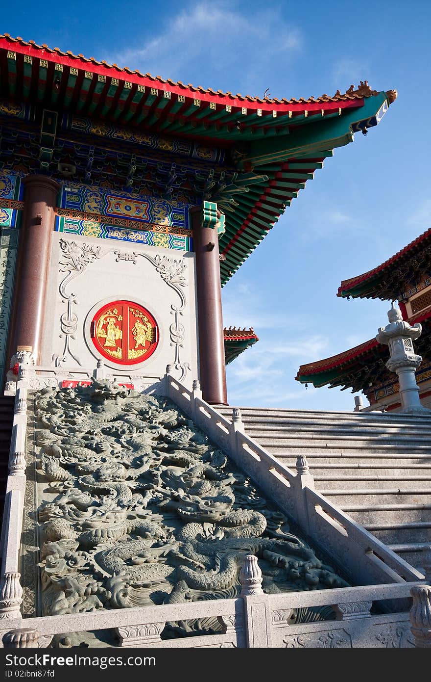 The dragon carve stair in baromraja temple thailand