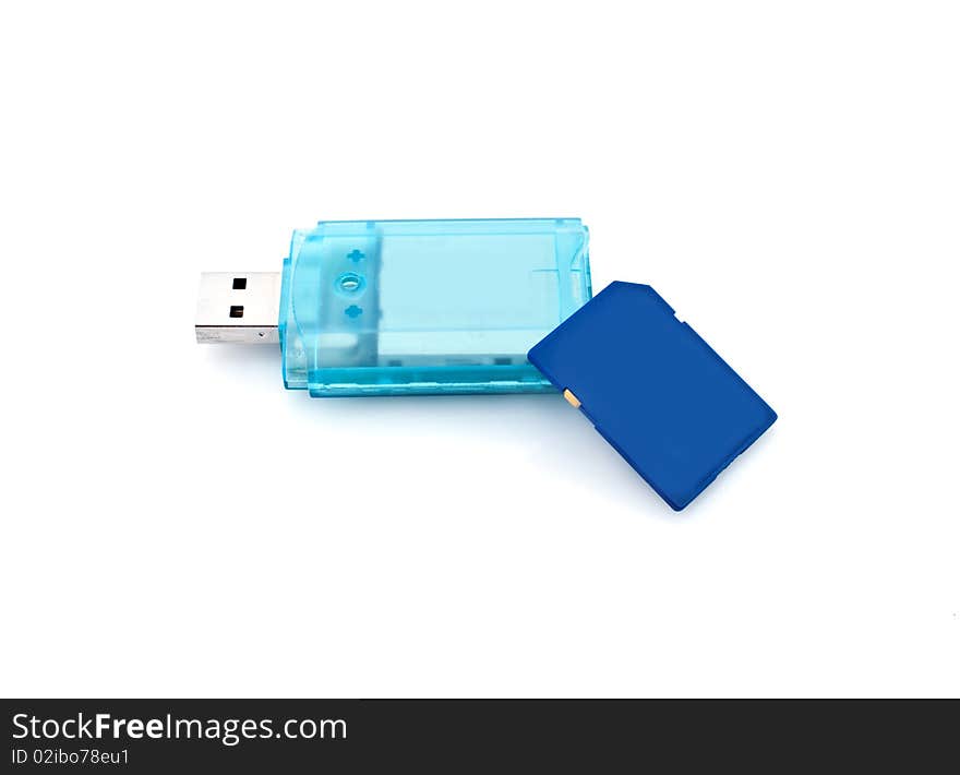 Blue card reader and memory card  on white background