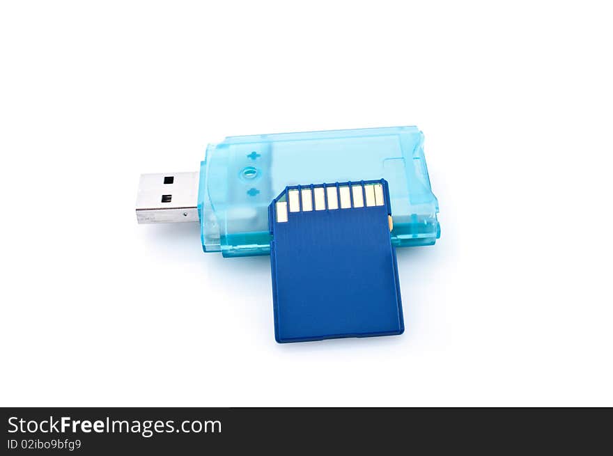 Blue card reader and memory card  on white background