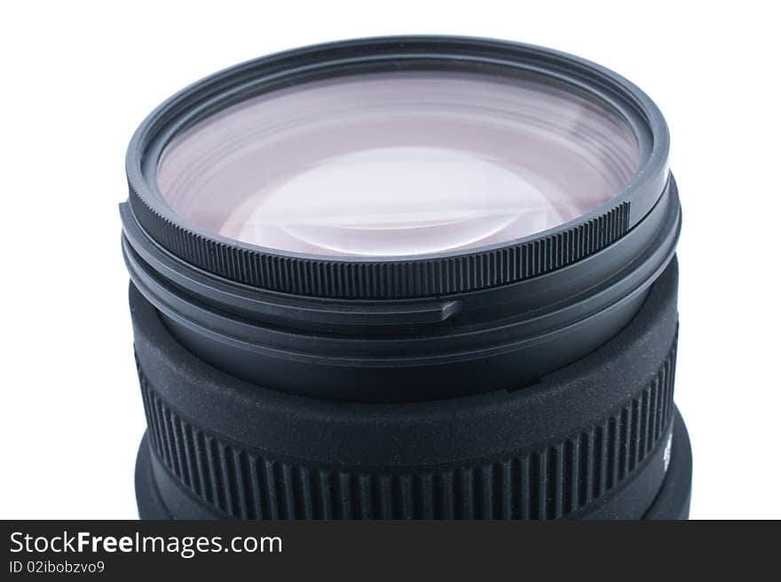 Close up of camera lens on white background