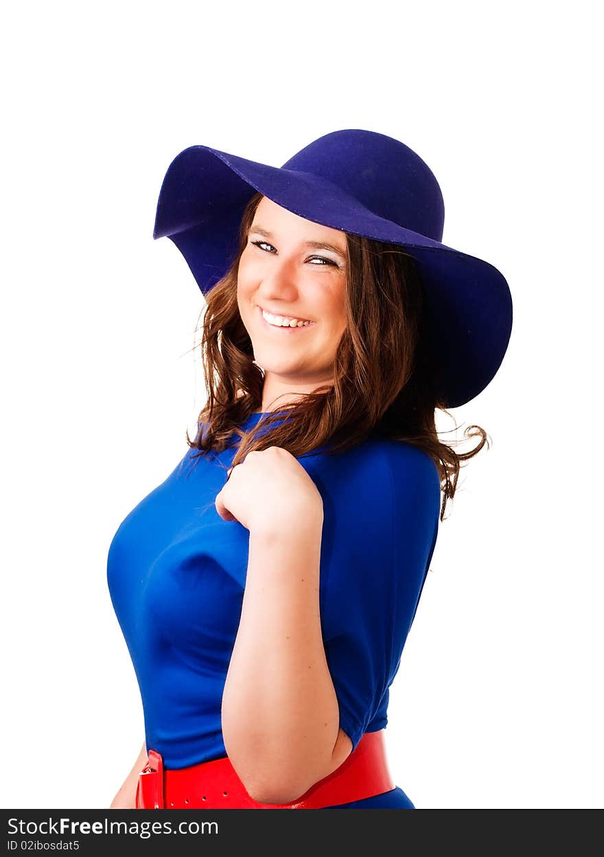 Happy woman in hat over white