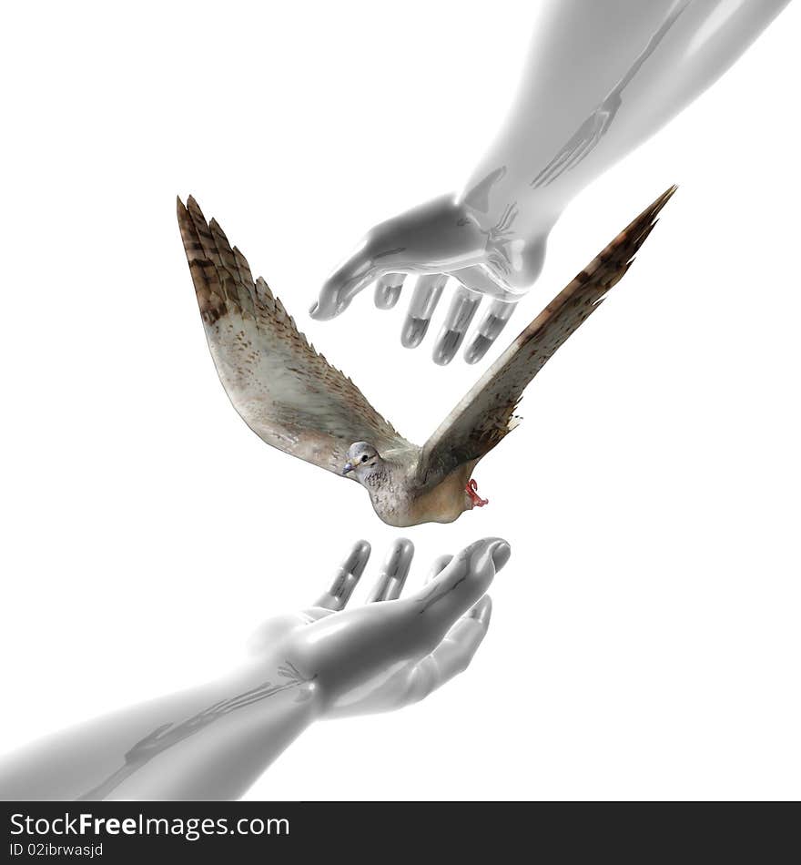 Peaceful dove and hands symbol 3d illustration