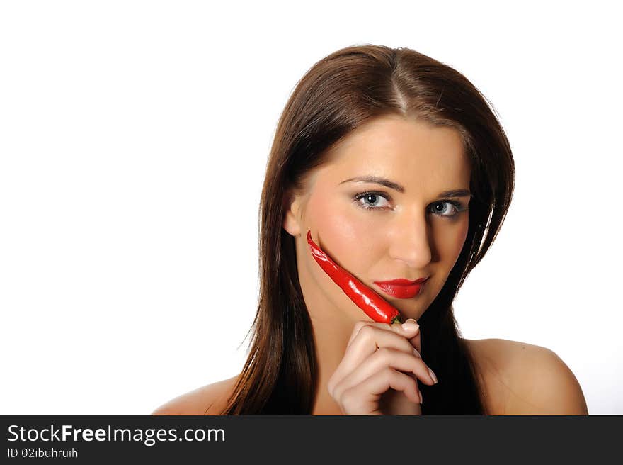 Beautiful woman with red hot chilli pepper. isolated on white background. copy-space. Beautiful woman with red hot chilli pepper. isolated on white background. copy-space